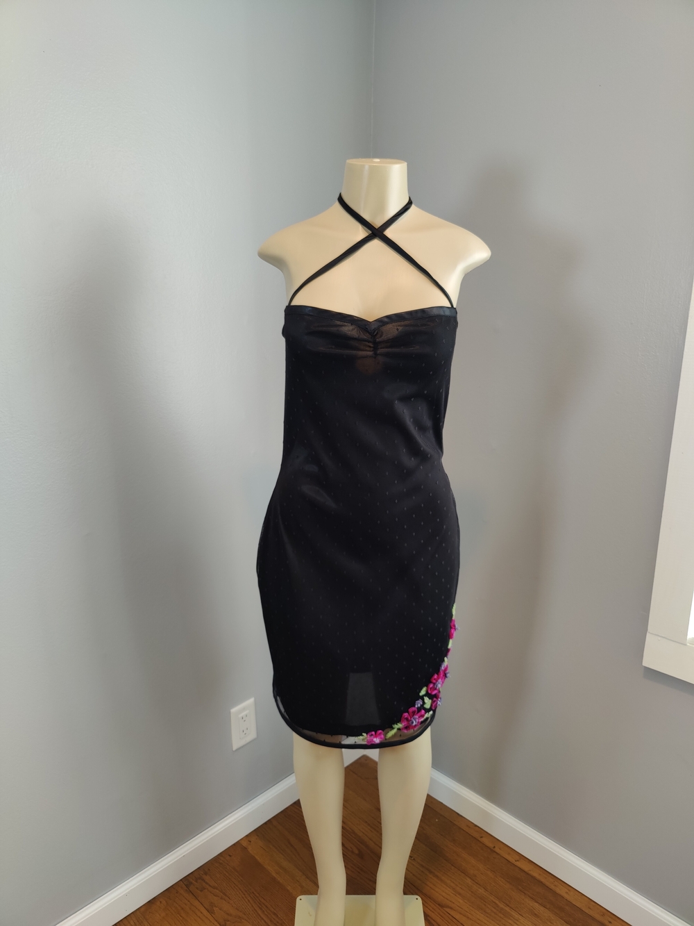Betsey Johnson Y2K Goth Black Halter Sheath Dress with Pink Floral Embroidery